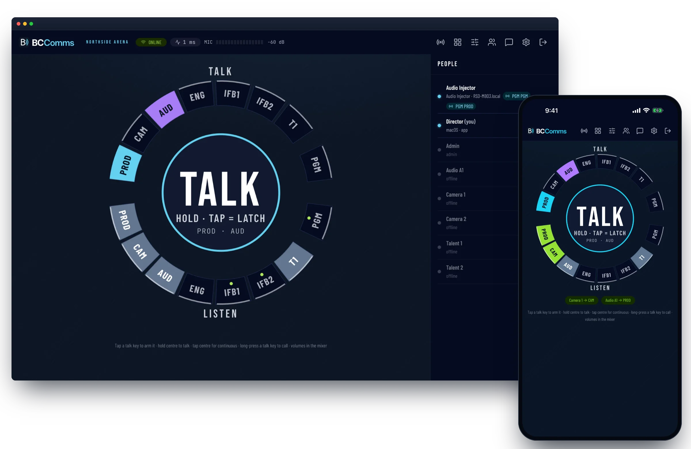 BCComms on a desktop and an iPhone: the talk and listen dial with PROD and AUD armed and the crew list showing who is online.