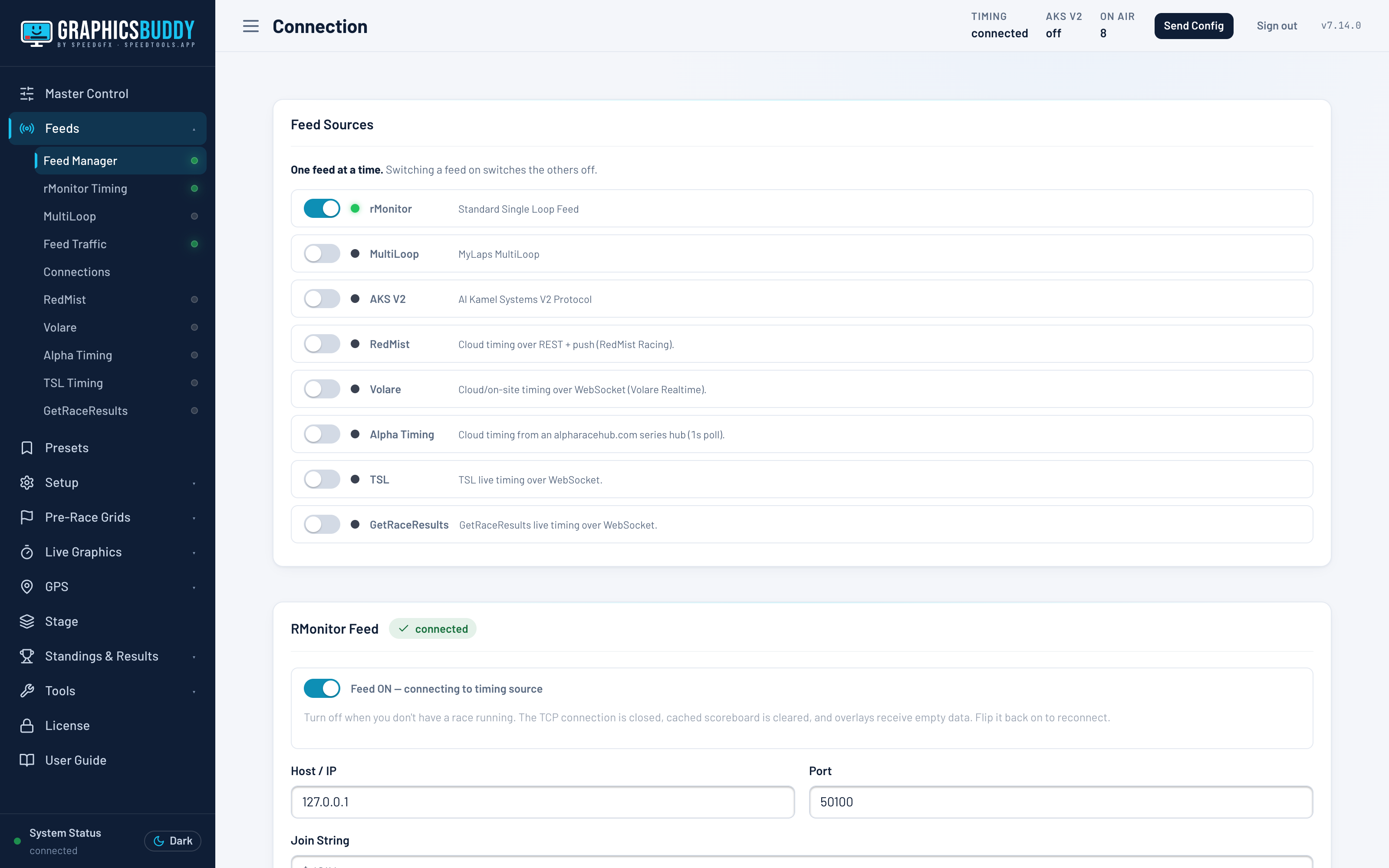 GraphicsBuddy timing feeds page with eight timing sources.