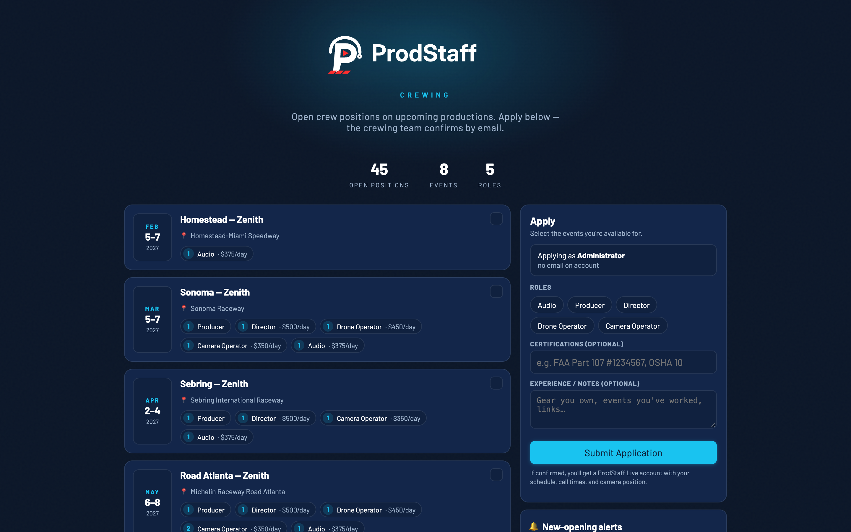 Public crewing job board where applicants select events and roles with no account required.