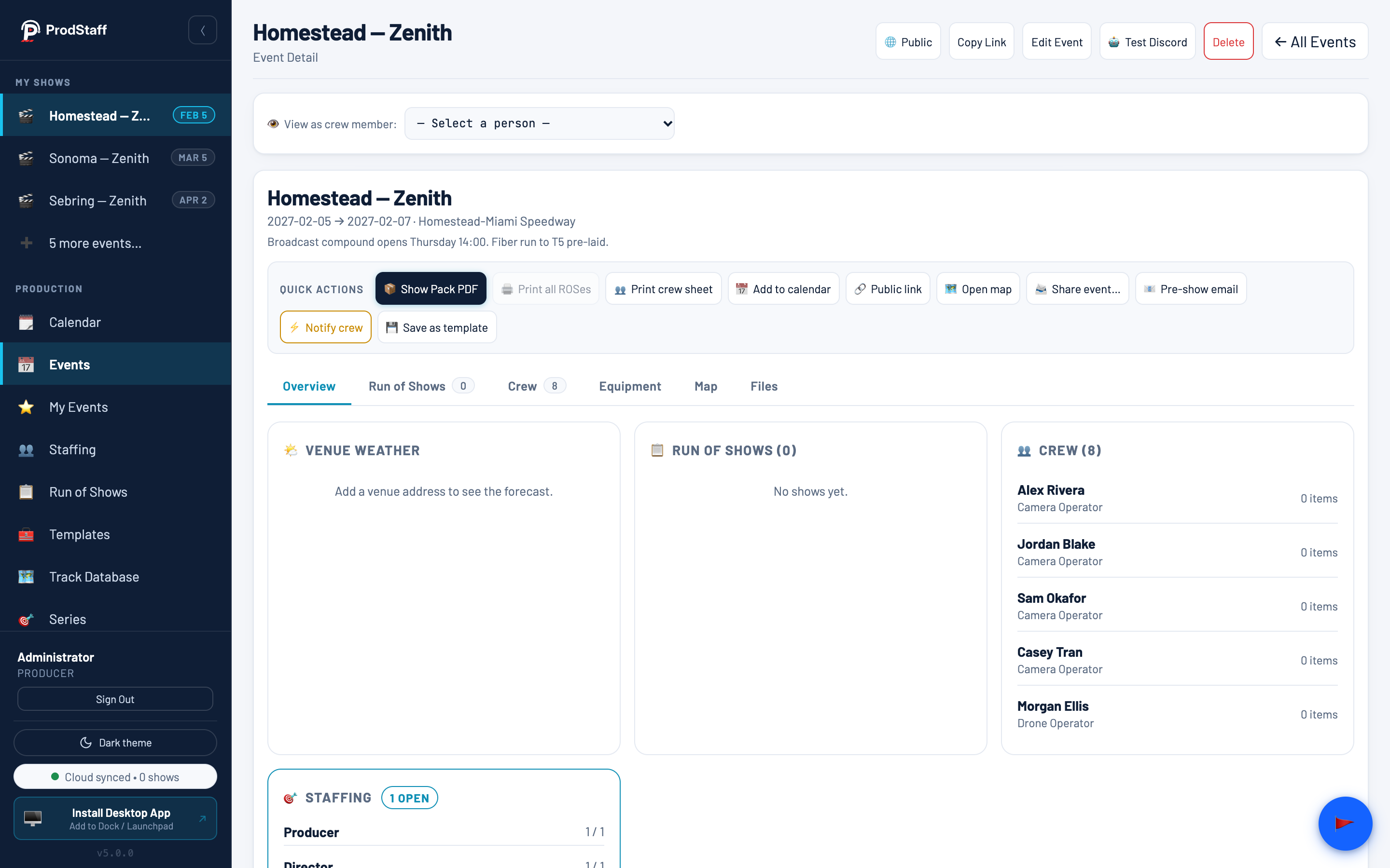 ProdStaff Live event detail with quick actions for the show pack, crew sheet and calendar, plus the staffing panel.