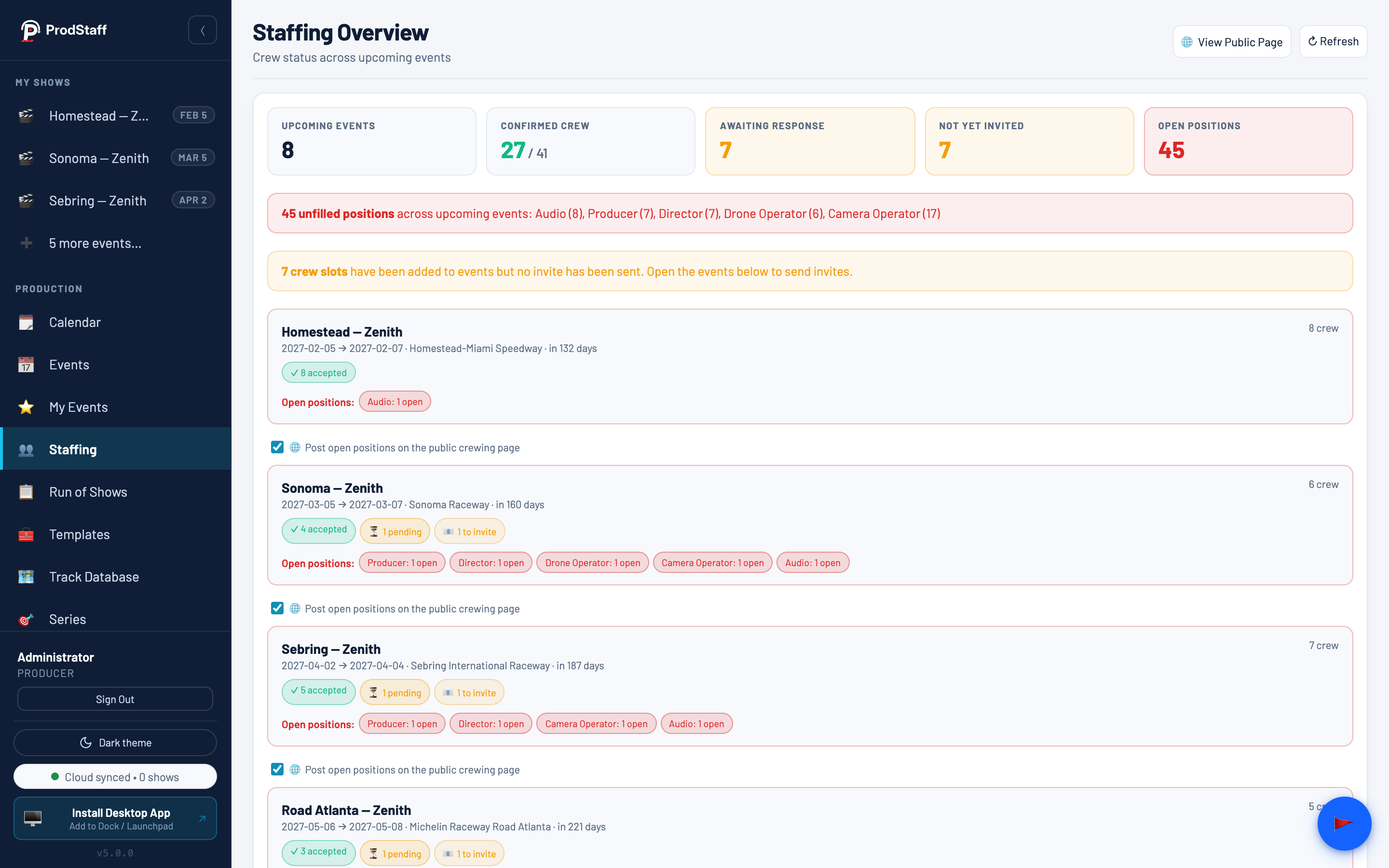 ProdStaff Live staffing overview with confirmed, pending and open counts across upcoming events.