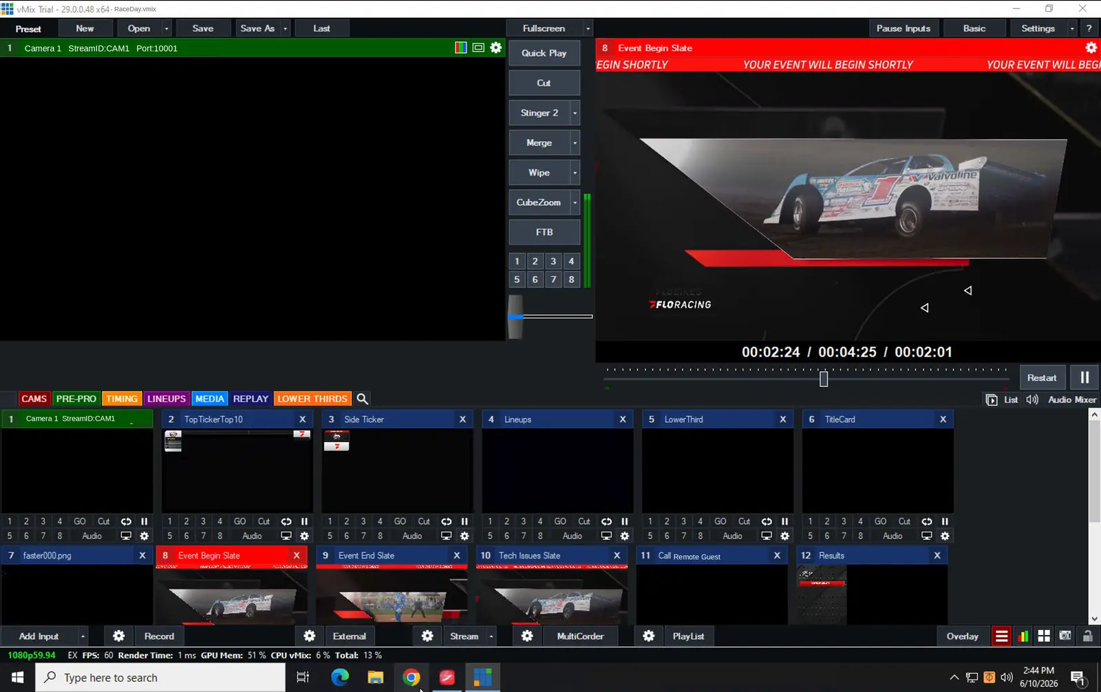 vMix running on a SpeedProd.App cloud box with SpeedGFX browser-source overlays on the program output.
