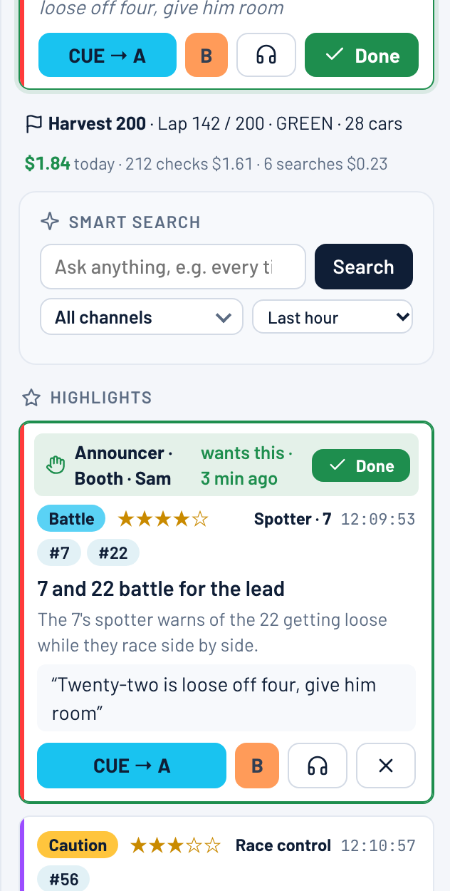 A SpotterNet highlight card for a multi-car wreck in turn 3, scored five stars, tagged with cars 48, 14 and 91 and marked on air now.