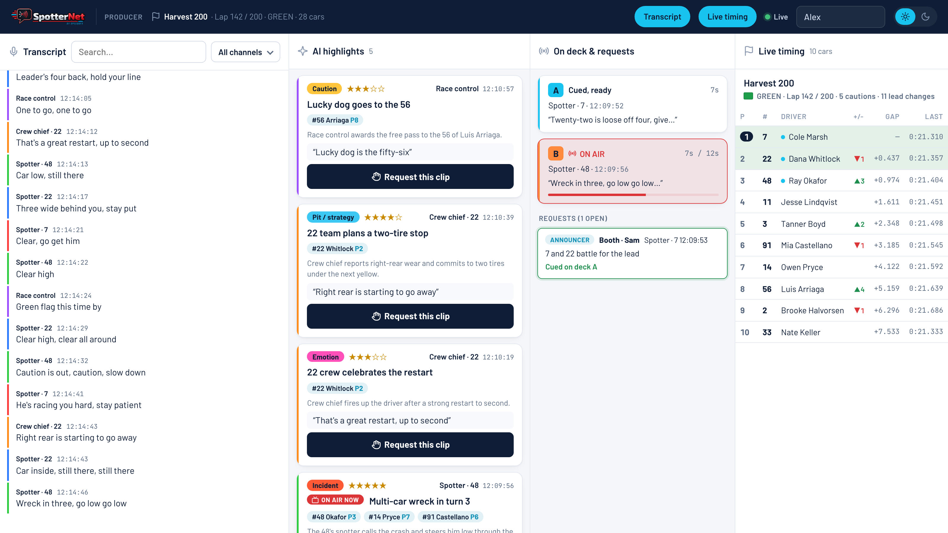 SpotterNet producer view with the live transcript, AI highlights, what is on each deck, open clip requests and the live running order.